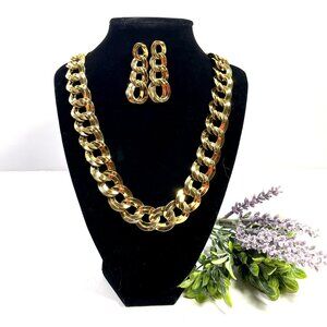 Vintage MONET Cuban Curb Double Chain Set Necklace Earrings Gold Tone Signed